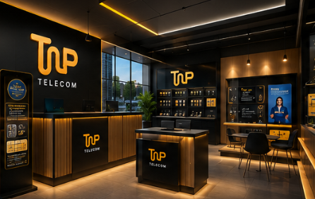 Interior da loja oficial TNP Telecom com balcão e comunicação visual da marca