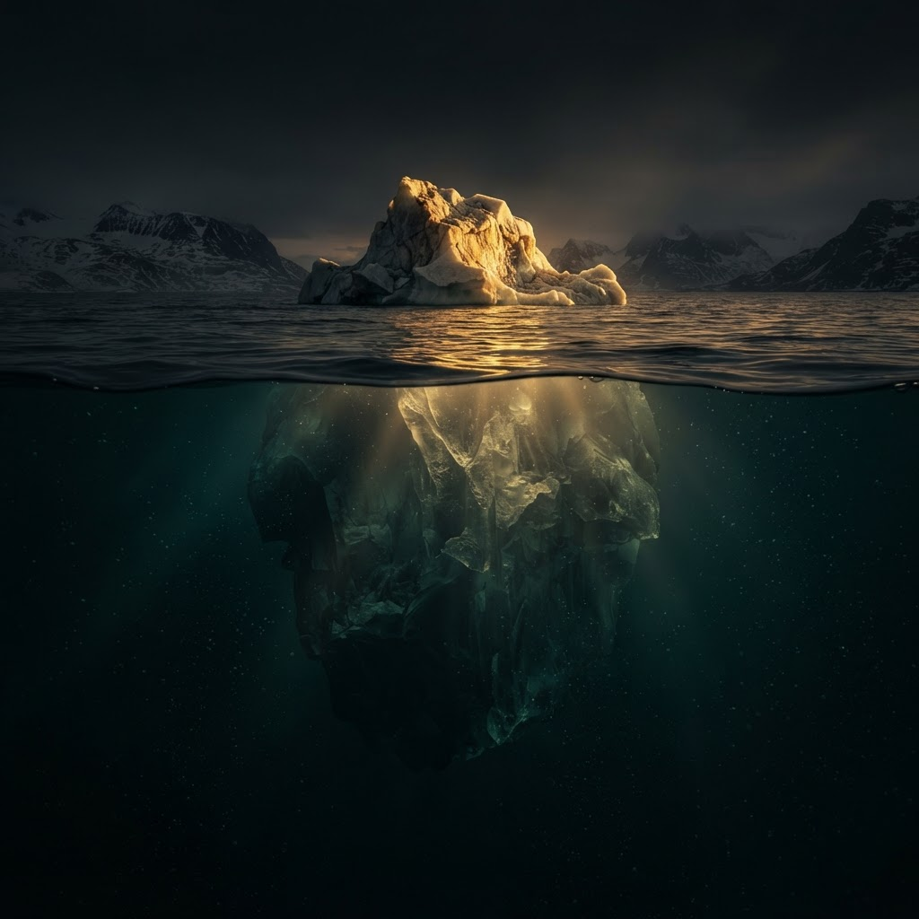 Iceberg gigante: a pequena ponta acima da água e a enorme massa submersa